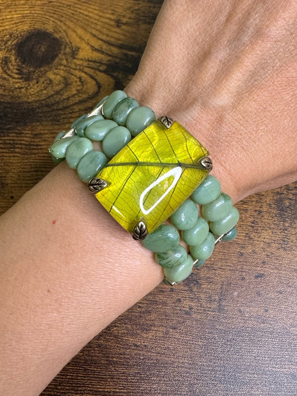 Monet Green Beaded Bracelet Yellow Leaf Lucite Centerpiece Goblin Forest Core